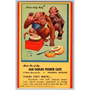 Vintage San Carlos French Cafe Postcard With Monkeys Phoenix Arizona Humor #1593